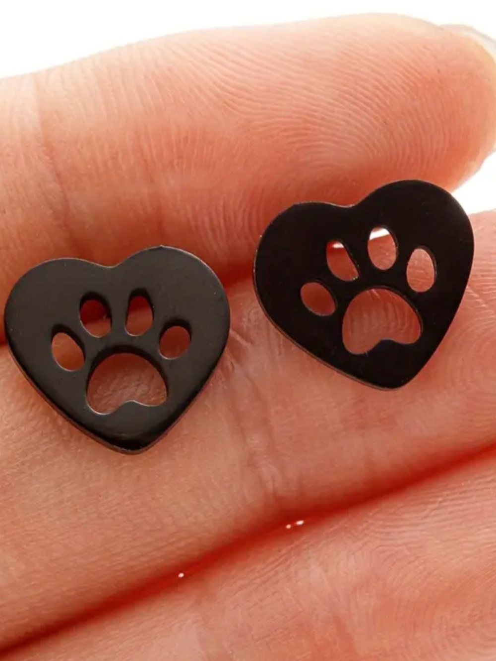 Love My Pet Paw Print in a Heart Black Stud Earrings